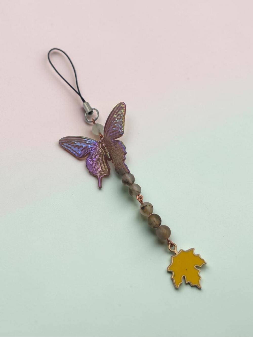 Handmade Iridescent Butterfly Phone Charm – Purple & Yellow Accent